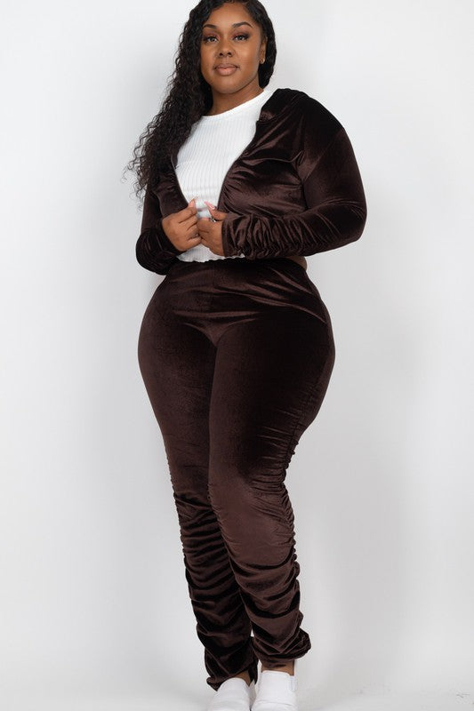 Plus Size Velour Zip Up Jacket & Stacked Pants Set